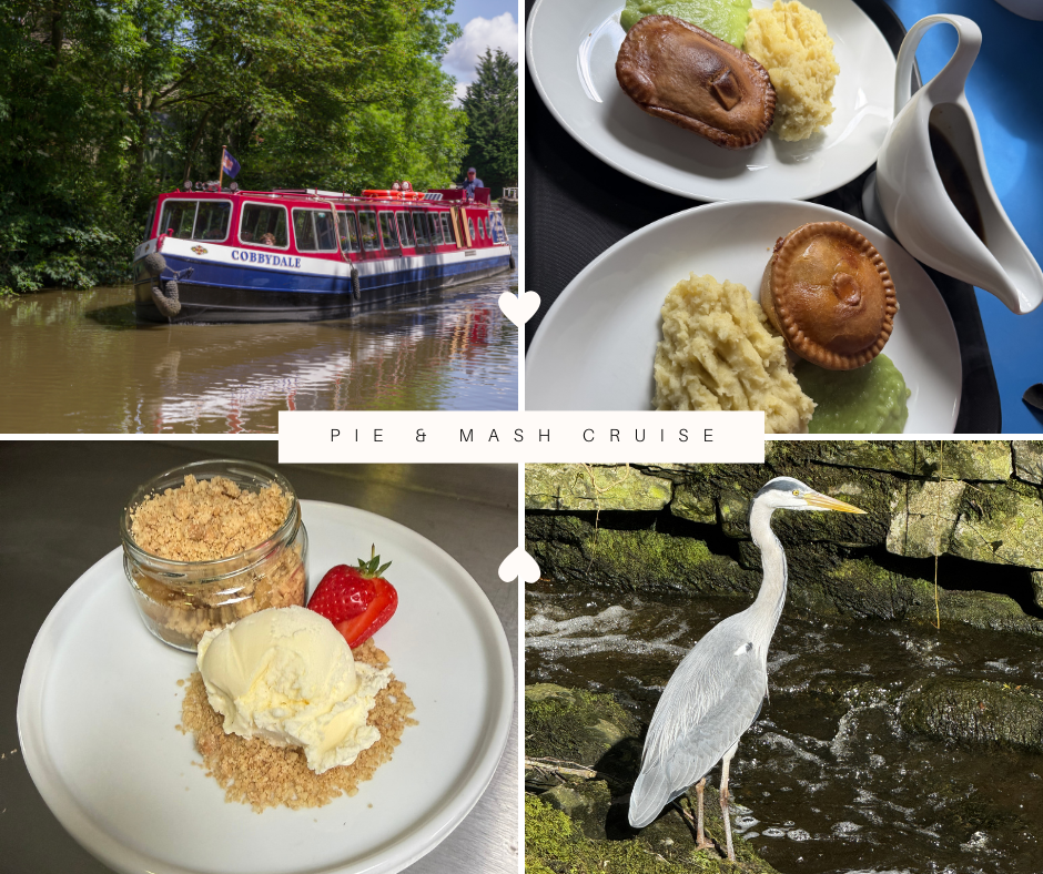 Collage: canal boat, plates with pies, dessert, heron by water.