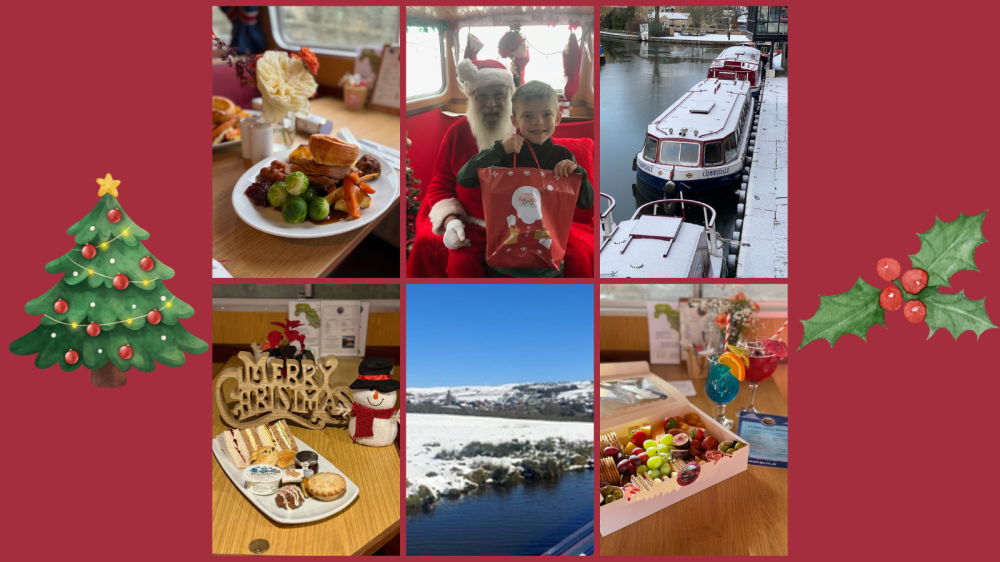 Six holiday-themed images: Santa with child, decorated boats, festive food, snowy scene, and Christmas decorations.