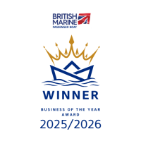 Award logo with crown, waves, and text: 'British Marine Passenger Boat Winner 2025/2026.'