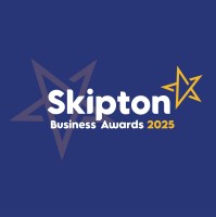 Skipton Business Awards 2025 logo with star designs on blue background.