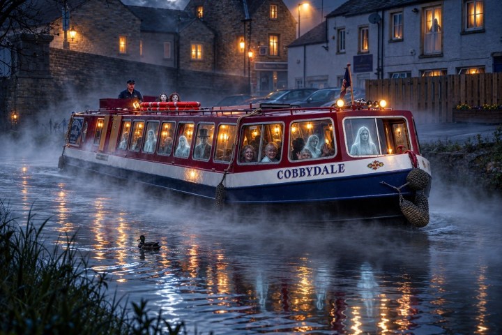A canal boat with ghostly figures inside on a misty waterway at night.