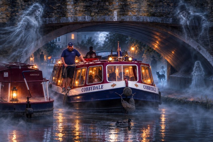 Boat passing under a bridge with ghostly figures in a misty setting.