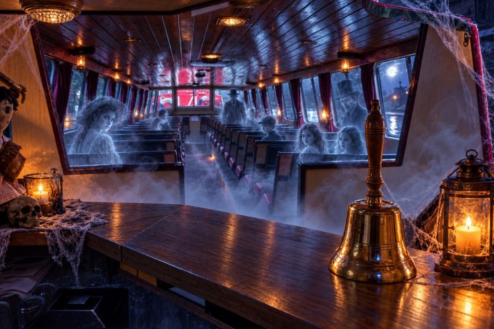 Haunted boat interior with ghostly figures and candlelit cobwebs.