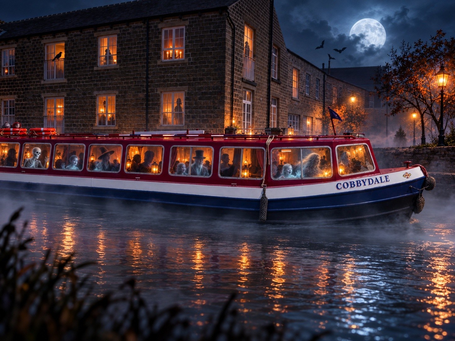 Canal boat at night with Halloween decorations, under a full moon.