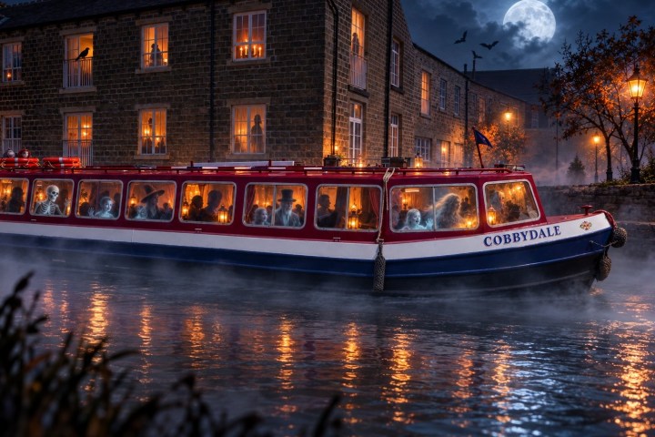 Canal boat at night with Halloween decorations, under a full moon.