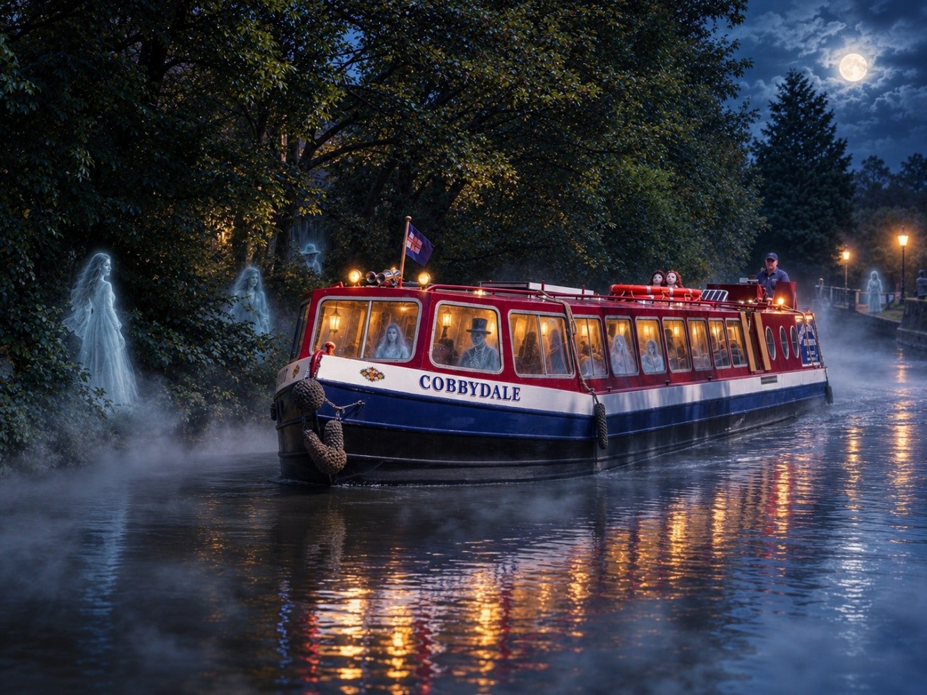 Boat on misty canal at night, moonlit sky, trees and fountains.