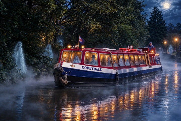 Boat on misty canal at night, moonlit sky, trees and fountains.